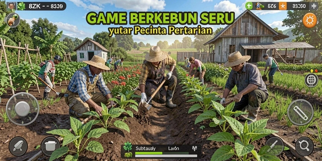 Tampilan gameplay 8ZK dengan kebun yang asri dan hewan ternak.