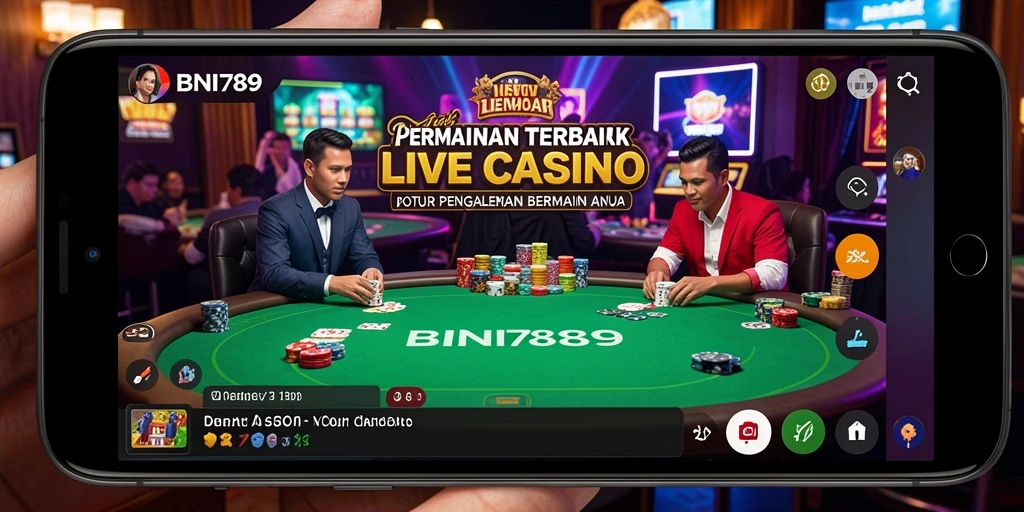 Screenshot gameplay BNI789 menampilkan dealer langsung dan meja permainan.