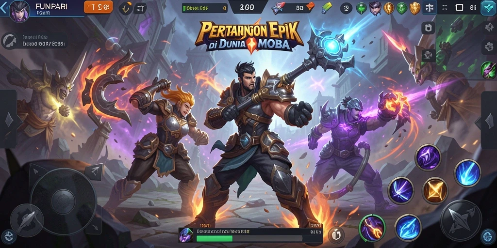 Screenshot utama menunjukkan pertempuran epik dalam game MOBA FUNPARI.