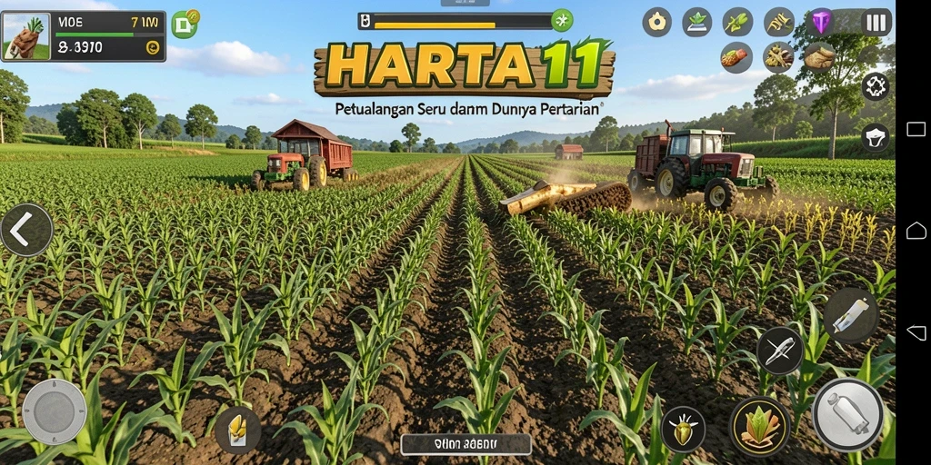 Screenshot gameplay HARTA11 menunjukkan kebun yang subur dan hewan ternak yang bahagia.