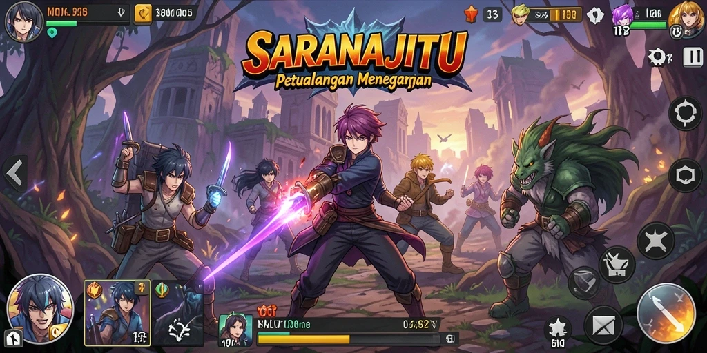Tampilan menarik dari gameplay <strong>SARANAJITU</strong> yang penuh aksi dan karakter anime.