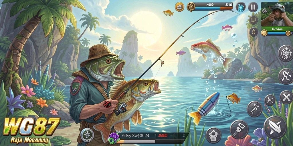 Screenshot dari gameplay WG87 dengan aksi memancing yang mendebarkan.
